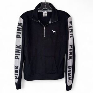 Victoria’s Secret PINK Quarter Zip Pullover Sweatshirt Black Logo Small Spellout